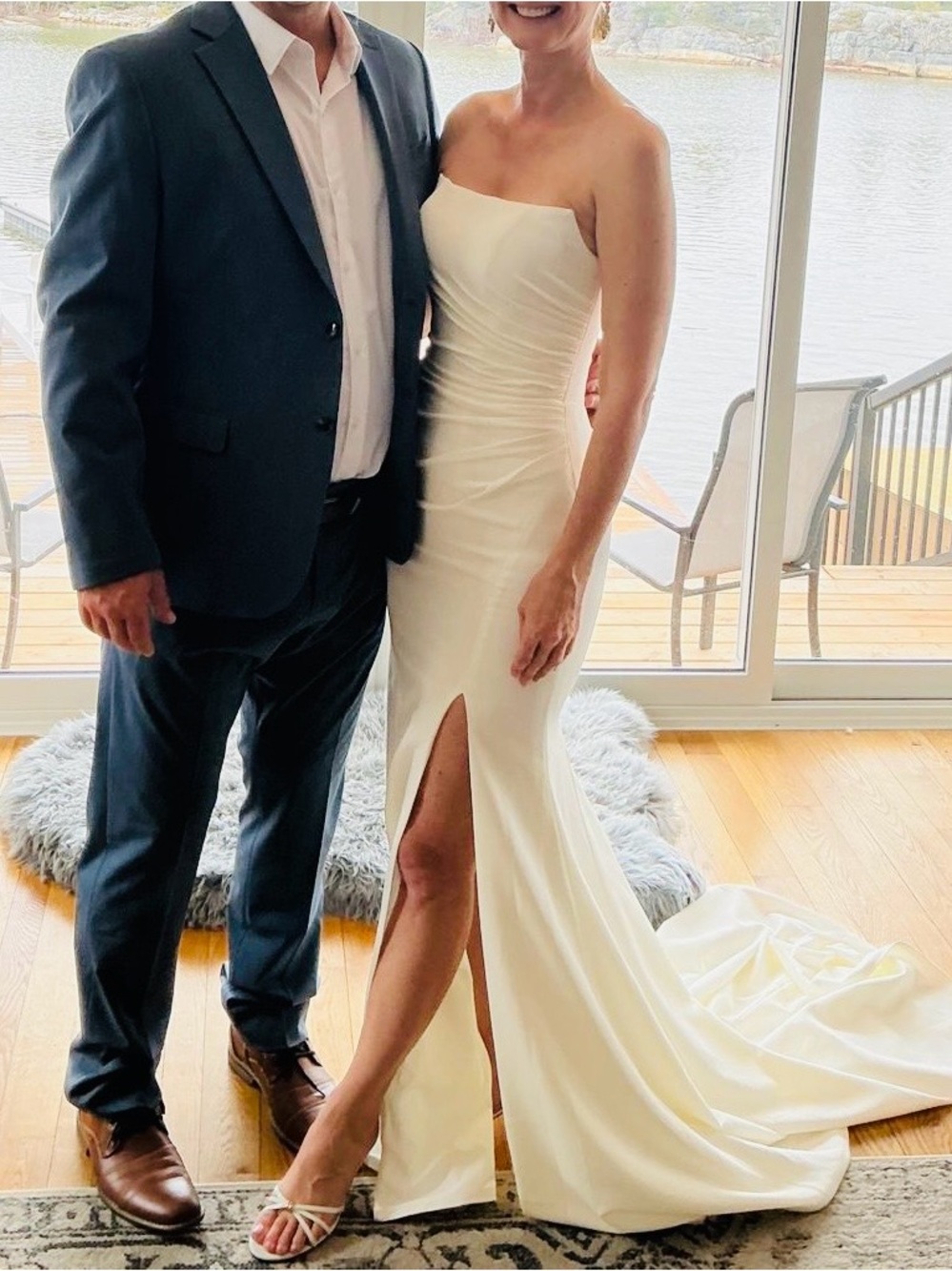 Strapless White Crepe Wedding Gown with Front Thigh Slit
